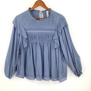 Grace + Karma Women's Blue Lace Ruffle Blouse Top L Rayon Cotton